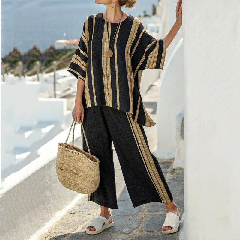 ✨ Platba na dobírku【S–5XL】Lehký a prodyšný dámský bavlněno-lněný letní komplet s pruhovaným potiskem – pohodlný a stylový outfit na léto.