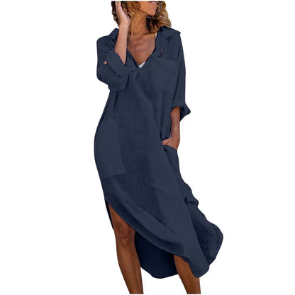 💕Letní speciální nabídka【S–2XL】Jednobarevné dámské lněno-bavlněné šaty – prodyšné, pohodlné a s elegantním přiléhavým střihem.