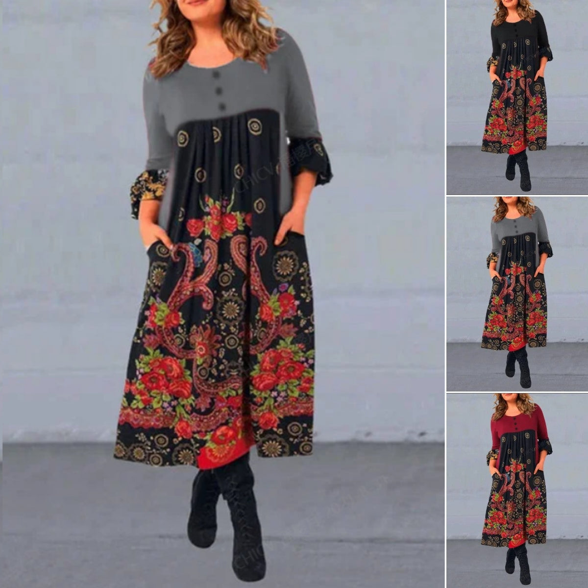 ⏳ Último día – 50% de descuento【S-5XL】👗Nuevo vestido casual de manga larga con estampado retro para otoño/invierno
