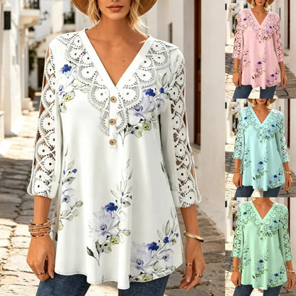 🔥 Poslední den sleva 50 %【M–5XL】Módní dámské tištěné tričko s krátkým rukávem s výstřihem do V, děrovaným a prodyšným designem