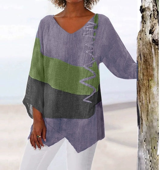 ⏳✨ Utolsó nap – 50% kedvezmény ✨【S~5XL】😍 Női elegáns hétköznapi felső: V-nyakú, hosszú ujjú, művészi mintás nyomat
