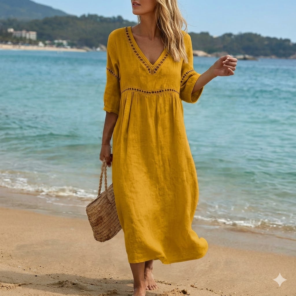 👗【S-3XL】Divatos nyári pamut-len ruha V-nyakkal, légáteresztő, kényelmes és karcsúsító fazonnal.
