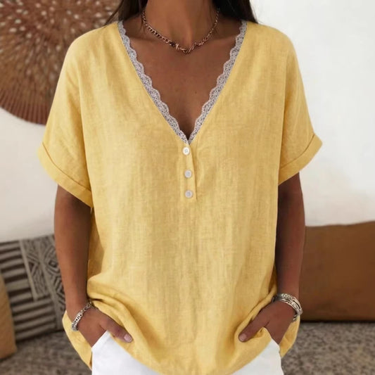 👚⏳ Wyprzedaż 50% ✨【S-3XL】Nowa letnia bluzka z krótkim rękawem i dekoltem V z bawełny i lnu, komfortowa i przewiewna, modna oraz łatwa do dopasowania.