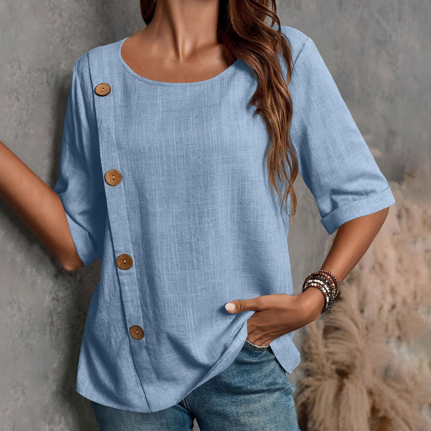 ⏳ 50% zniżki ✨【S-2XL】Nowa letnia wygodna koszulka bawełniano-lniana, przewiewna i nieprzyklejająca się do ciała, z okrągłym dekoltem. 👚