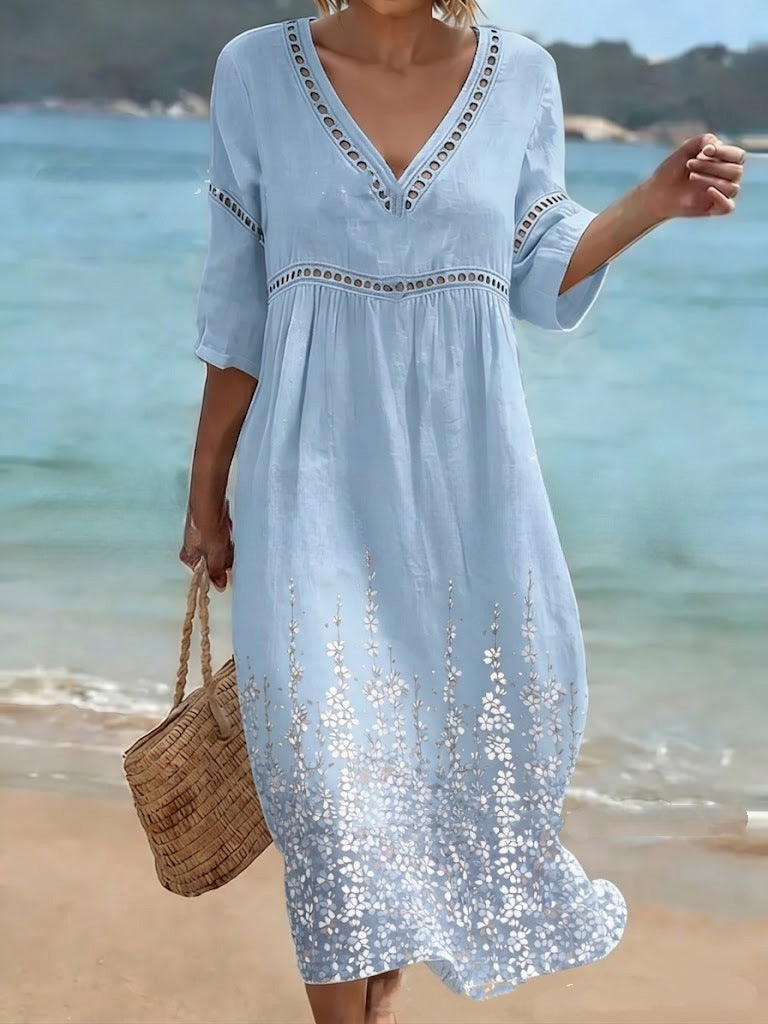 👗【S-5XL】Női hosszú mintás pamut-len ruha V-nyakkal, nyári stílusban