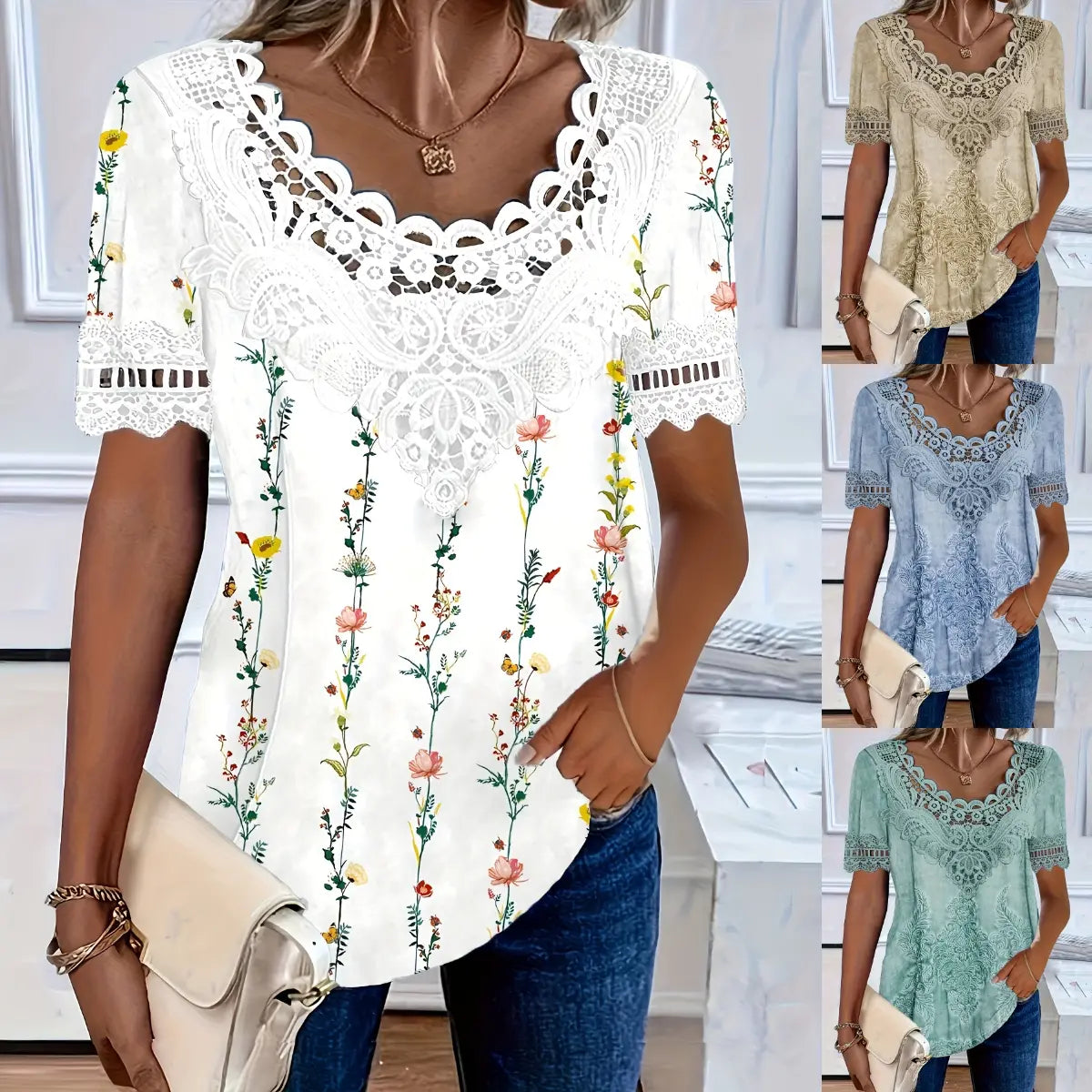 💕Poslední den – sleva 50 %💕【S-6XL】Nové módní pohodlné prodyšné dámské krajkové tričko s přiléhavým střihem