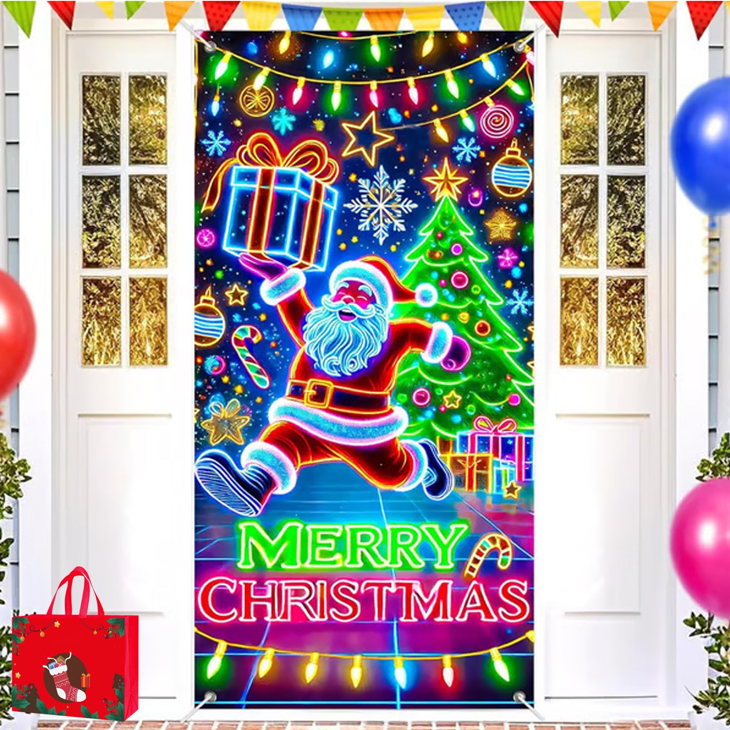 🎅【Compra uno y llévate otro】🎄 Pancarta navideña fluorescente UV para puerta/fondo/decoración para fiestas navideñas/tela decorativa navideña colgante