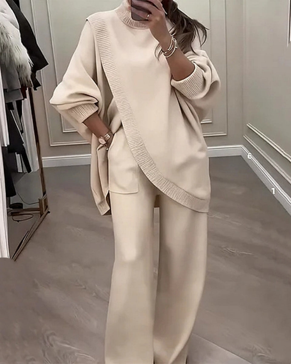 🔥【S-5XL】Damski modny i wygodny zestaw – asymetryczny sweter + spodnie typu wide leg