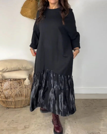 ✨【S-3XL】Damska luźna sukienka z okrągłym dekoltem, ozdobiona nieregularnym patchworkowym nadrukiem, uniwersalna i wygodna do noszenia