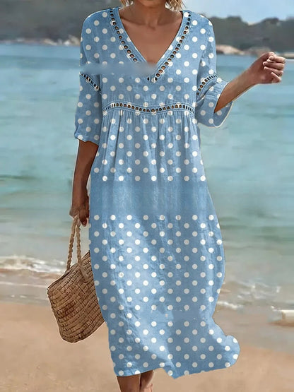 👗【S-5XL】Női hosszú mintás pamut-len ruha V-nyakkal, nyári stílusban