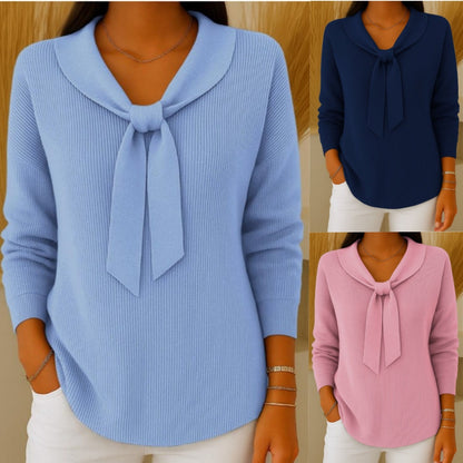✨Súper cómodo de llevar💕【S-5XL】Suéter de mujer de color sólido con lazo y manga larga, estilo holgado y relajado