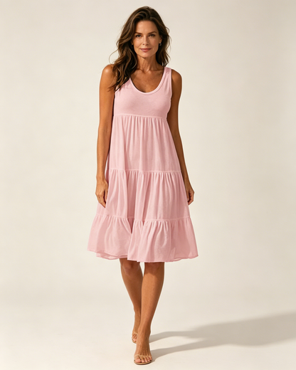 👗【S-5XL】Elegantní letní jednobarevné šaty s kulatým výstřihem, pohodlné a prodyšné, ležérní a módní.