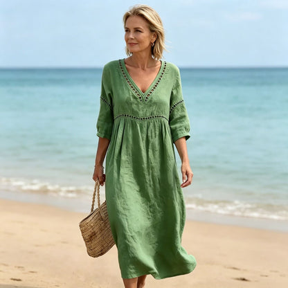 👗【S-3XL】Letnia modna sukienka z bawełny i lnu z dekoltem w serek, przewiewna, wygodna i wyszczuplająca.