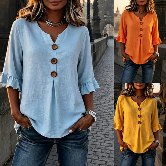 💕【S-3XL】Nová dámská košile s výstřihem do V a volány — směs bavlny a lnu s knoflíky: jednoduchá a elegantní.
