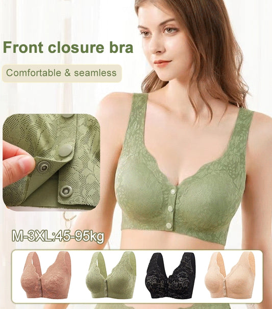 😍【40–90 κιλά】Γυναικείο λεπτό, διαπνέον σουτιέν από δαντέλα, με μπροστινό κούμπωμα, ώριμο στυλ