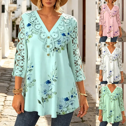 🔥 Poslední den sleva 50 %【M–5XL】Módní dámské tištěné tričko s krátkým rukávem s výstřihem do V, děrovaným a prodyšným designem