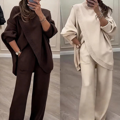 🔥【S-5XL】Damski modny i wygodny zestaw – asymetryczny sweter + spodnie typu wide leg