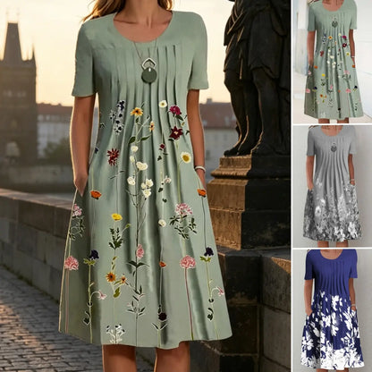 👗【40-100KG】Letní módní šaty s kulatým výstřihem a potiskem, prodyšné, pohodlné a zeštíhlující