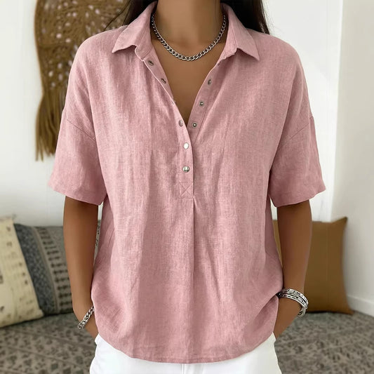 ⏳ Poslední den, sleva 50 %! ✨【S-3XL】Dámská bavlněná a lněná košile s krátkým rukávem, úzký střih, všestranná, prodyšná, pohodlná a bezstarostná.