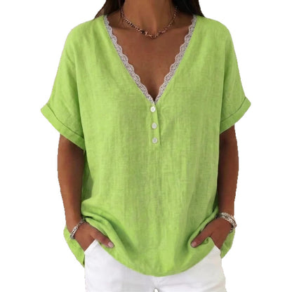 👚⏳ Wyprzedaż 50% ✨【S-3XL】Nowa letnia bluzka z krótkim rękawem i dekoltem V z bawełny i lnu, komfortowa i przewiewna, modna oraz łatwa do dopasowania.