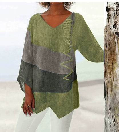 ⏳✨ Utolsó nap – 50% kedvezmény ✨【S~5XL】😍 Női elegáns hétköznapi felső: V-nyakú, hosszú ujjú, művészi mintás nyomat