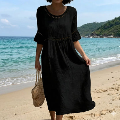 ✨Platba na dobírku【S–3XL】Dámské přiléhavé šaty z bavlny a lnu s kulatým výstřihem, s balónovými rukávy, prodyšné a měkké, pohodlné na nošení