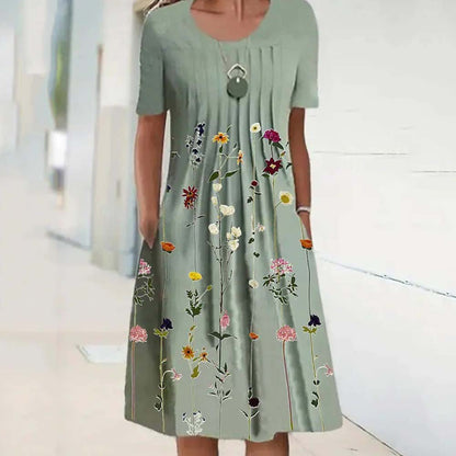 👗【40-100KG】Letní módní šaty s kulatým výstřihem a potiskem, prodyšné, pohodlné a zeštíhlující