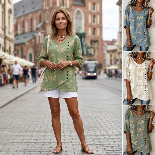 ✨Speciální nabídka na novinku【S-3XL】– Pohodlný letní top z bavlny a lnu s výstřihem do V, lichotivý střih a snadné kombinování.