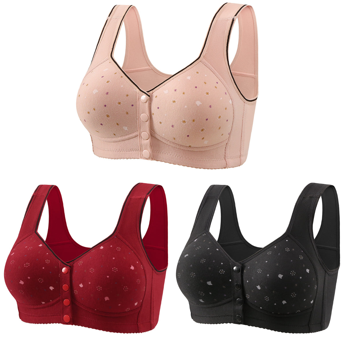 💕【Pakiranje od 3】Ženski grudnjak bez žice s prednjim gumbima 【40-110 kg】❤️Pamuk, prirodni antibakterijski, udoban, udoban
