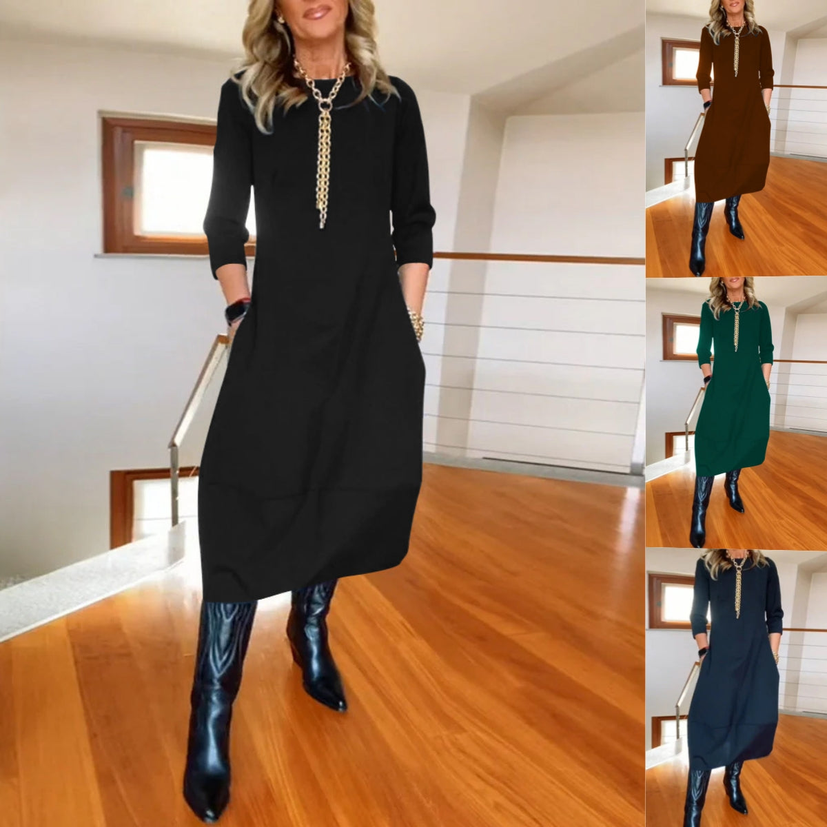 Ostatni dzień – 50% zniżki👗 【S-5XL】Elegancka jednokolorowa sukienka z długim rękawem, wygodna i praktyczna do codziennego noszenia