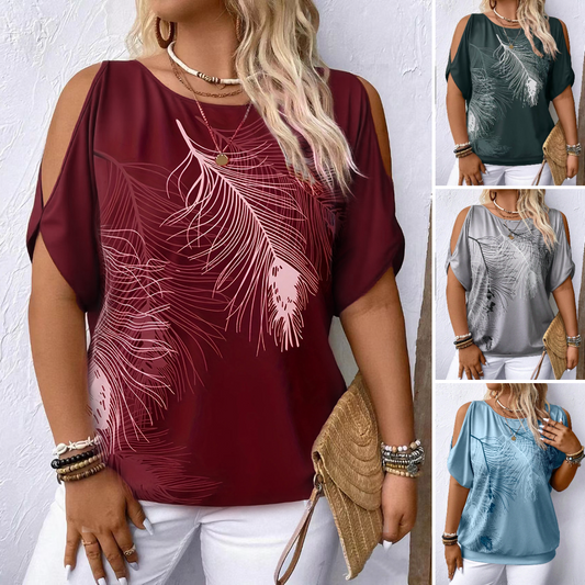 ⏳ Časově omezená nabídka 💖【S-2XL】Volný ležérní top s kulatým výstřihem a odhalenými rameny, módní potisk, snadné kombinování