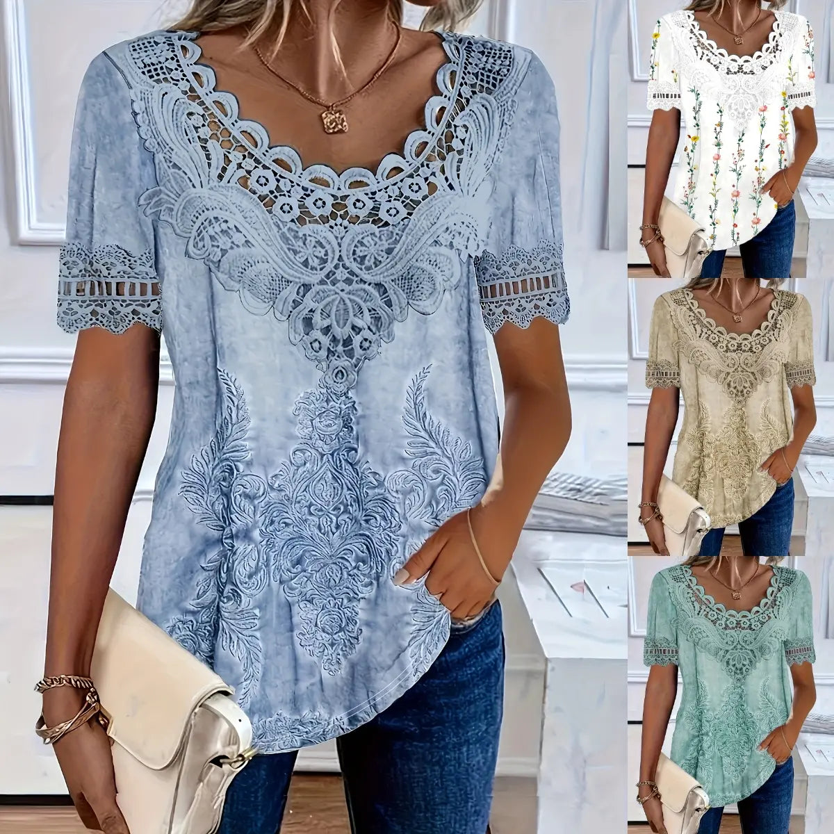 💕Poslední den – sleva 50 %💕【S-6XL】Nové módní pohodlné prodyšné dámské krajkové tričko s přiléhavým střihem