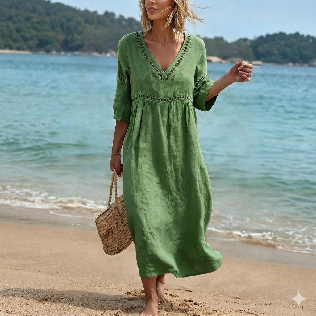 👗【S-3XL】Divatos nyári pamut-len ruha V-nyakkal, légáteresztő, kényelmes és karcsúsító fazonnal.
