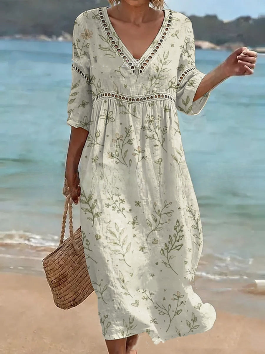 👗【S-5XL】Női hosszú mintás pamut-len ruha V-nyakkal, nyári stílusban