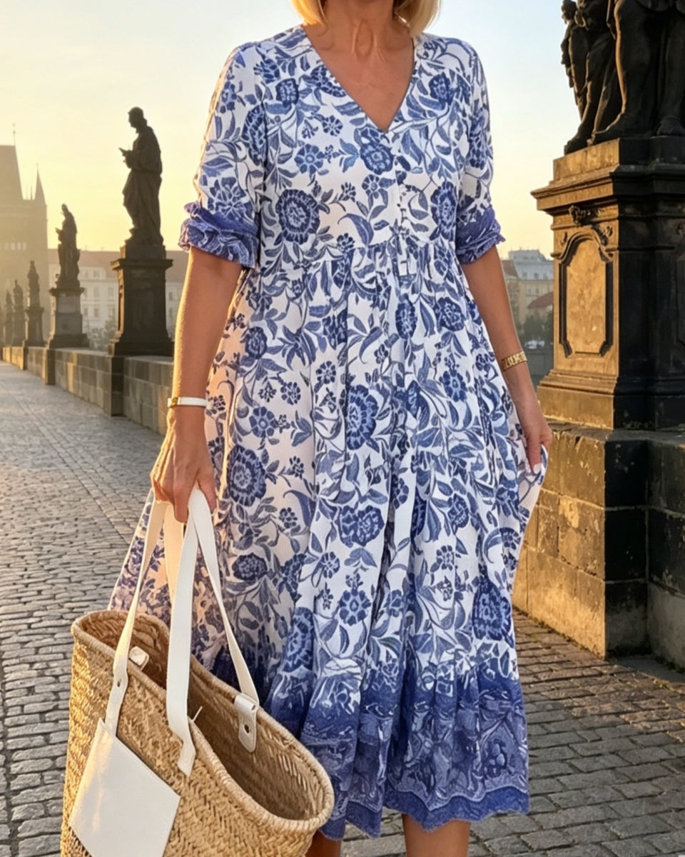 ✨ Poslední den – sleva 50 %! ✨【S-5XL】Letní šaty s výstřihem do V a potiskem, pohodlné a prodyšné, s lichotivým střihem.