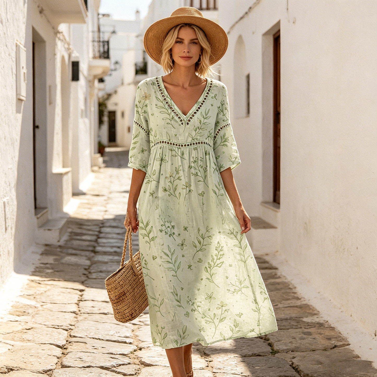 👗【S-3XL】Női hosszú pamut-len ruha mintával – nyári stílus, V-nyakkivágással