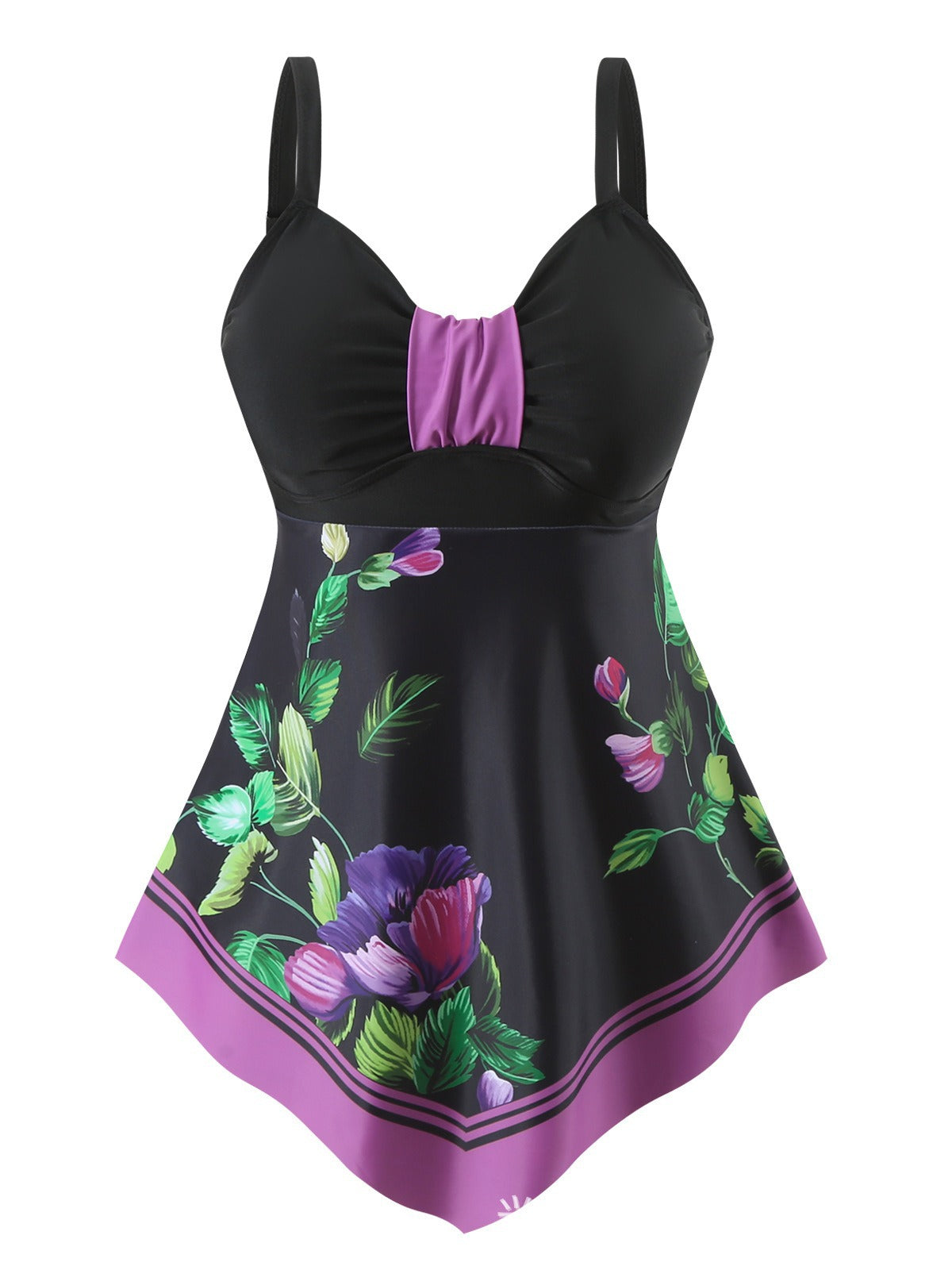 🏖️【S-5XL】Dvoudílné plavky s volnými šaty, modrý květinový potisk, elegantní střih s regulací bříška, pohodlné a prodyšné