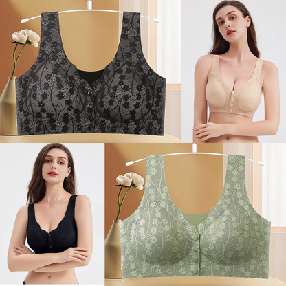 😍【40–90 κιλά】Γυναικείο λεπτό, διαπνέον σουτιέν από δαντέλα, με μπροστινό κούμπωμα, ώριμο στυλ