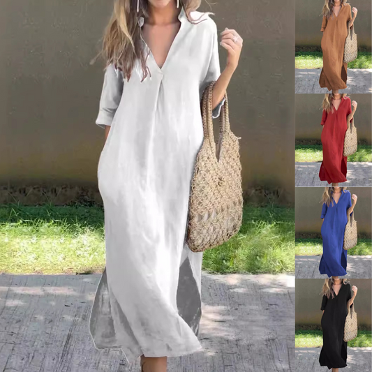 🌿💃【S–3XL】Duga haljina od lana s V-izrezom i prorezima, udobna i lagana za ljeto