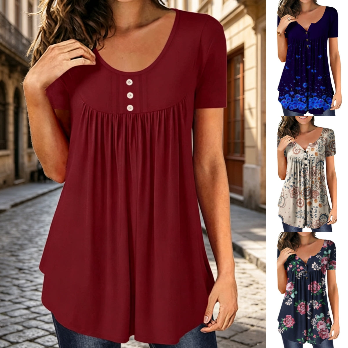💕Letní speciální nabídka🔥【S–5XL】Dámské letní módní tričko s krátkým rukávem, výstřihem do V a potiskem – prodyšné, pohodlné a lichotící postavě.