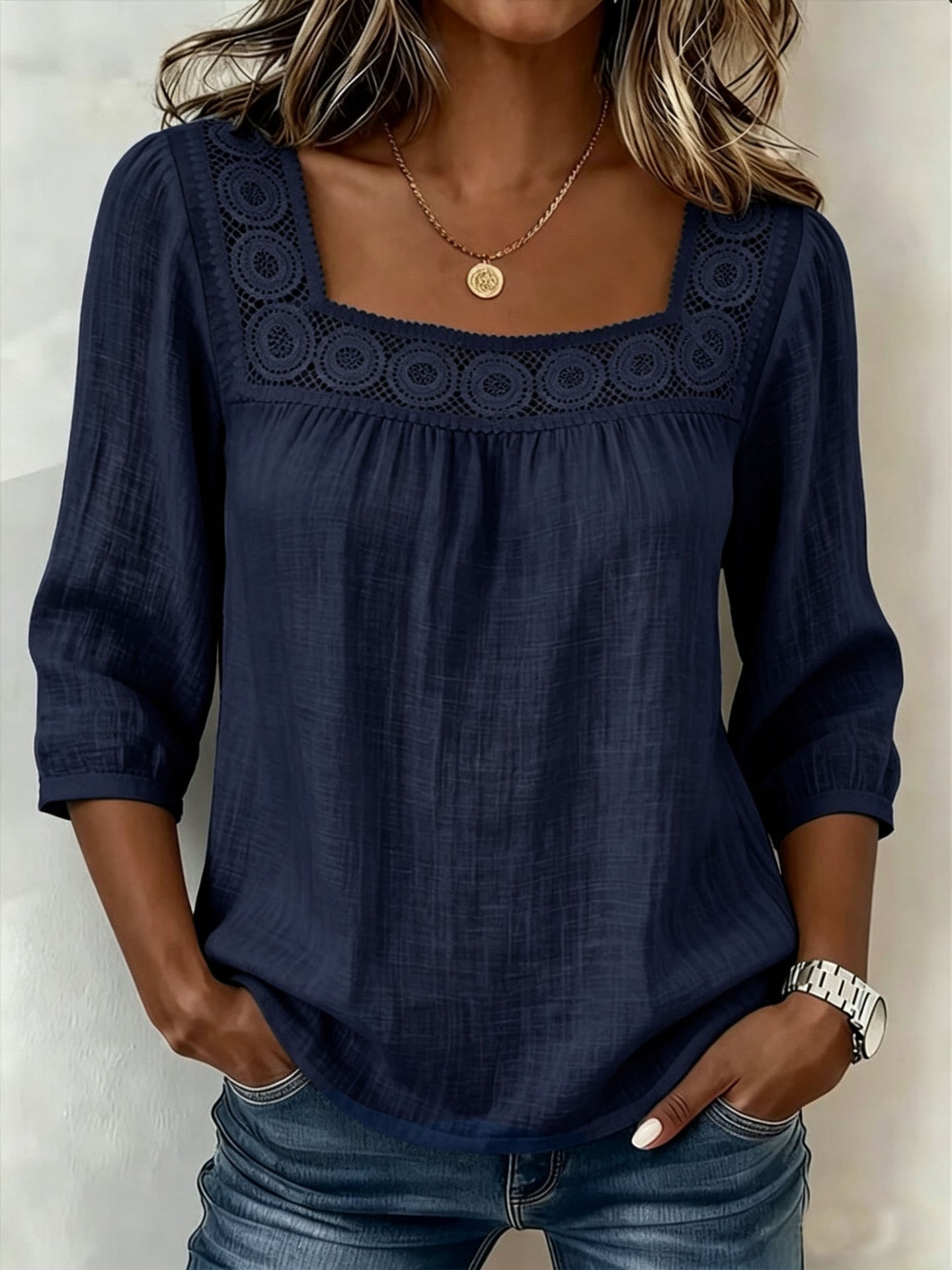 👚【S-3XL】 Damska modna lniano-bawełniana bluzka z kwadratowym dekoltem, przewiewna, wygodna i dopasowana do różnych stylizacji