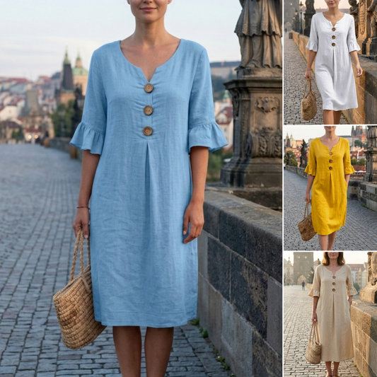 ✨【S-3XL】Dámské bavlněné a lněné šaty s nafoukanými rukávy a knoflíky