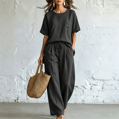 ✨【S-3XL】Letní dámský módní set z bavlny a lnu, prodyšný a zeštíhlující【krátký top s kulatým výstřihem + široké kalhoty】
