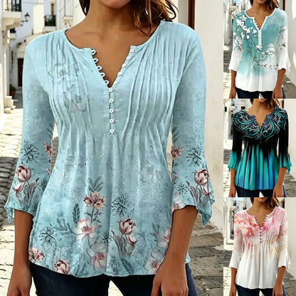 ⏳Utolsó nap 50% kedvezmény【S–5XL】Nyári divatos női V-nyakú mintás felső, légáteresztő és kényelmes, tökéletes mindennapi viseletre