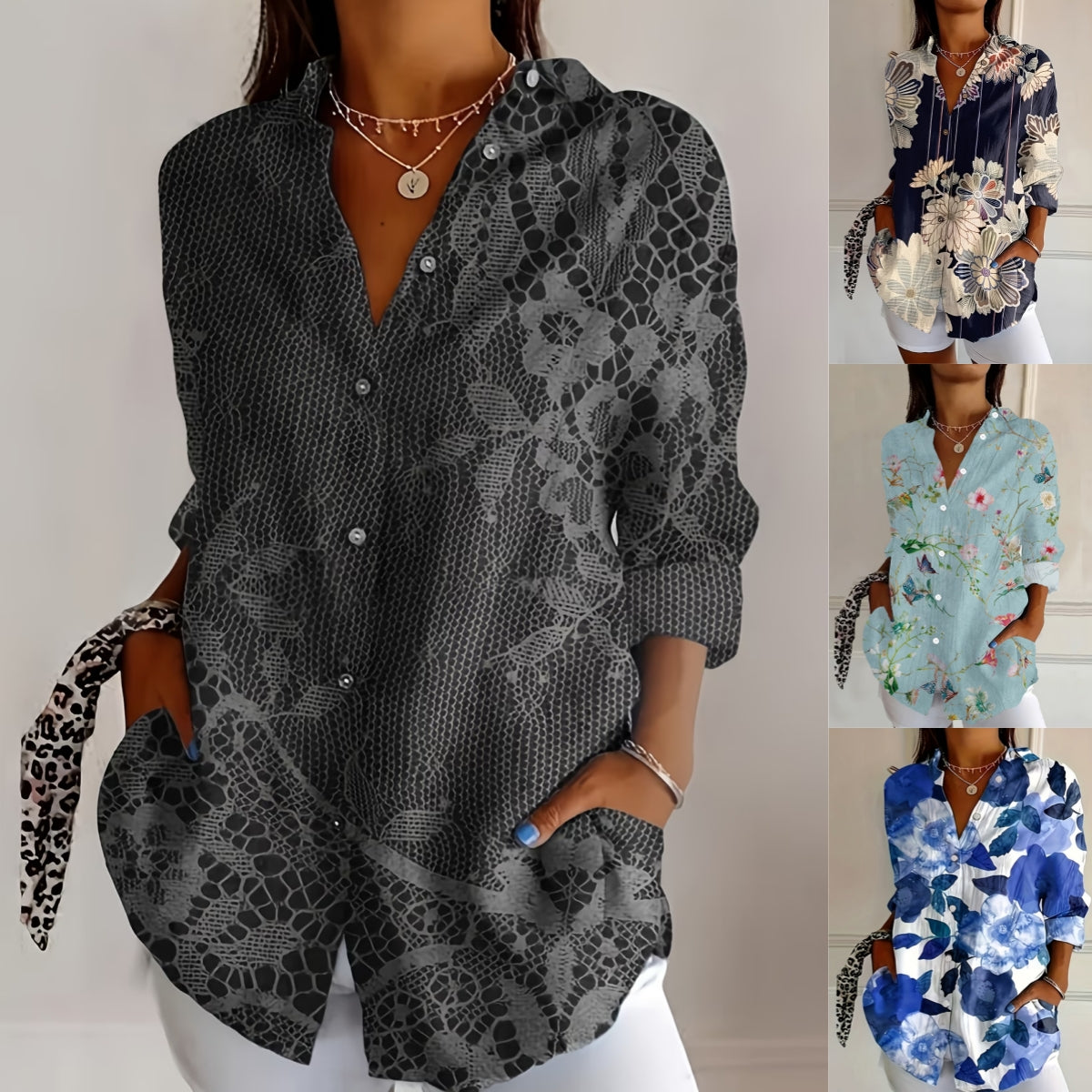 👚【S-3XL】 Letnia modna bluzka z dekoltem w serek i nadrukiem, wygodna w noszeniu, wyszczuplająca sylwetkę