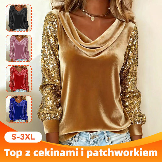✨ 【S-3XL】Damska Modna Bluzka z Weluru, Złożonym Kołnierzykiem, Połączona z Strysami, Długim Rękawem