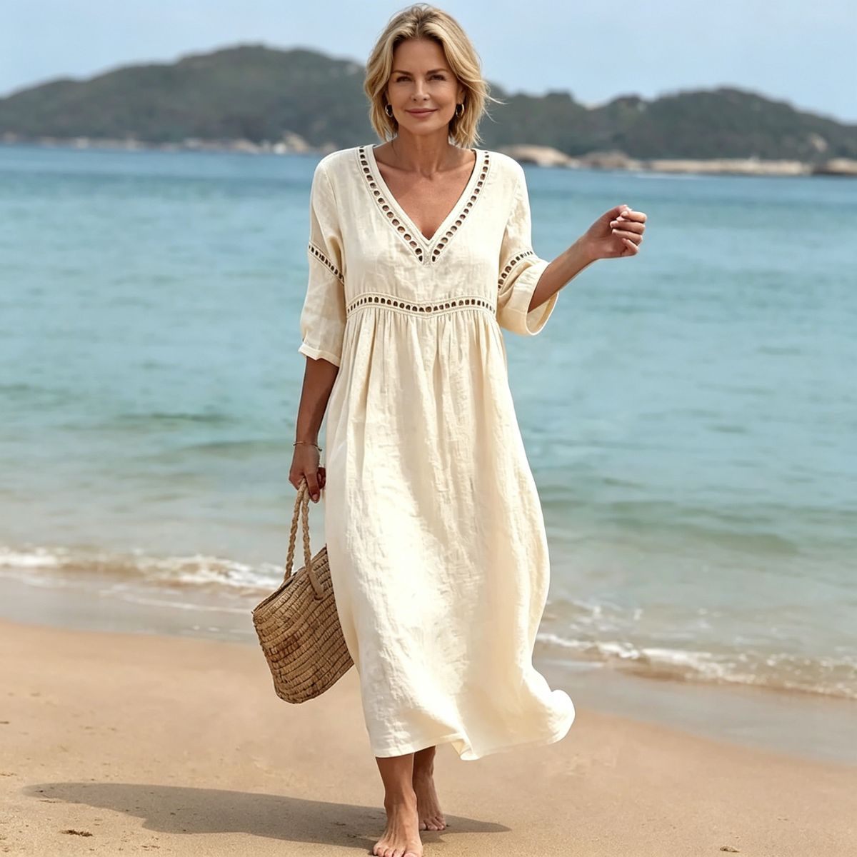 👗【S-3XL】Divatos nyári pamut-len ruha V-nyakkal, légáteresztő, kényelmes és karcsúsító fazonnal.
