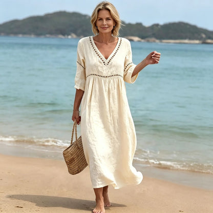 👗【S-3XL】Divatos nyári pamut-len ruha V-nyakkal, légáteresztő, kényelmes és karcsúsító fazonnal.