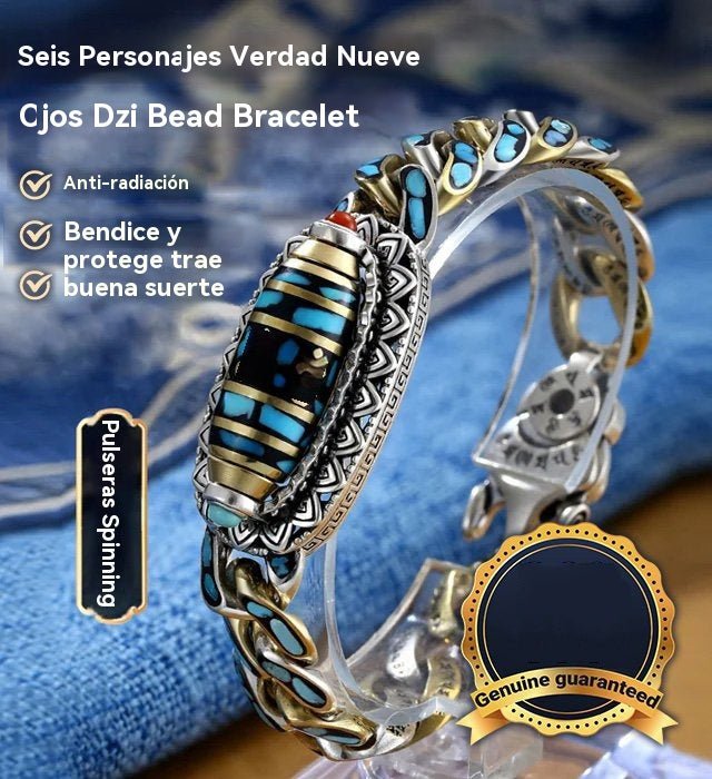 🔥Más vendido ✨ Pulsera retro de plata 925, de seis cifras, turquesa, con mantras y cuentas transferibles
