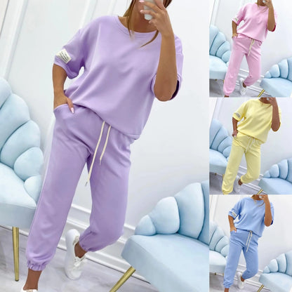 ⏳ Časovno omejena ponudba! 💕【S-5XL】Poletni ženski sproščeni komplet iz 100 % bombaža, enobarvna majica in hlače